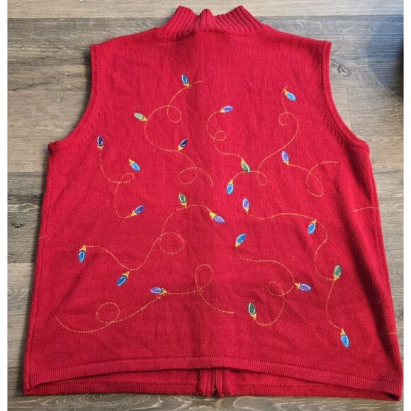 Christmas Holiday Vest Sleeveless Red Embroidered Christmas Lights Knit Sweater - Picture 2 of 7